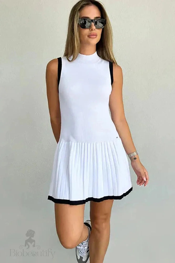 Sleeveless Pleated High Waist Slim Mini Dress