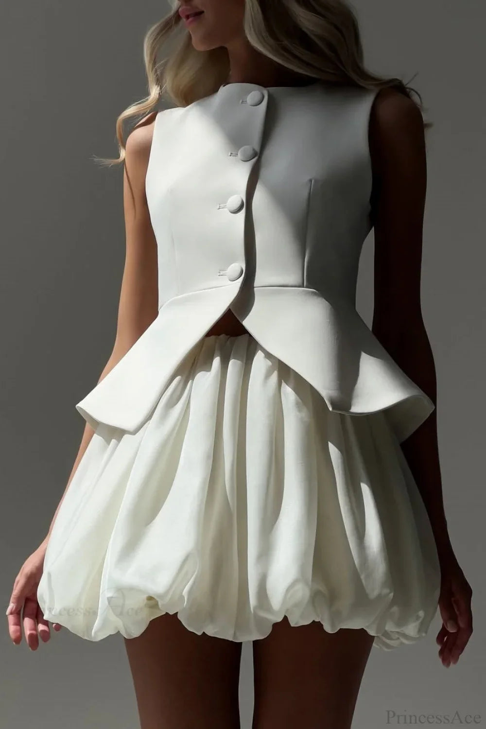 Sleeveless Vest Puff Skirt Two Piece Set White / S