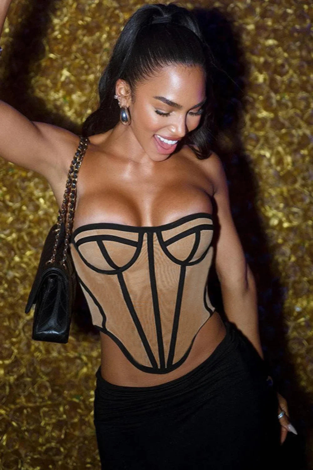 Slim Color Block Open Back Sexy Bustier Corset Black / S