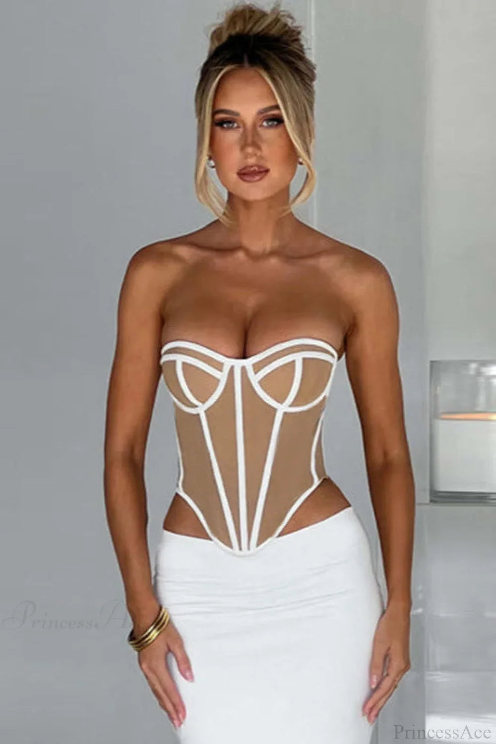 Slim Color Block Open Back Sexy Bustier Corset White / S
