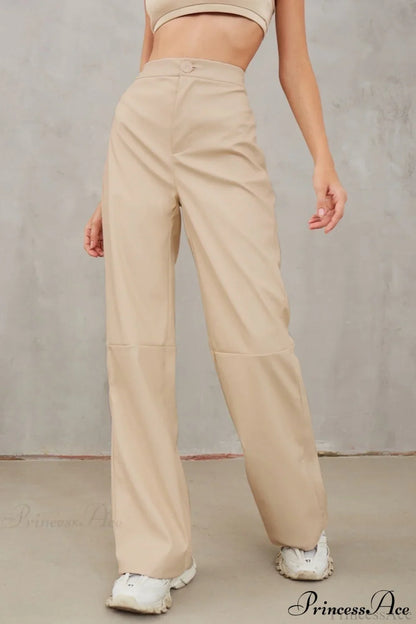 Slim Faux Leather High Waist Wide Leg Pants Apricot / S