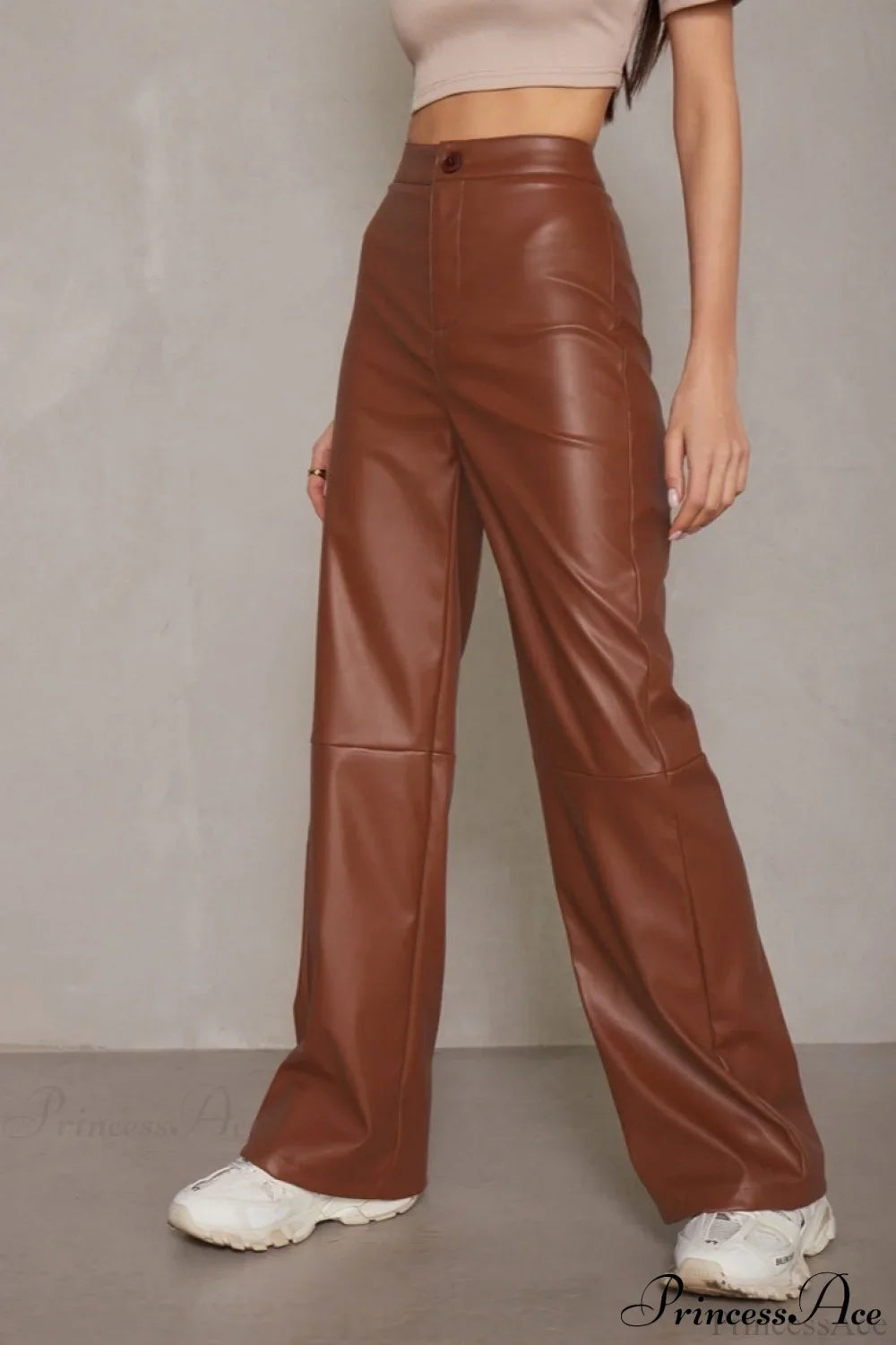 Slim Faux Leather High Waist Wide Leg Pants Brown / S