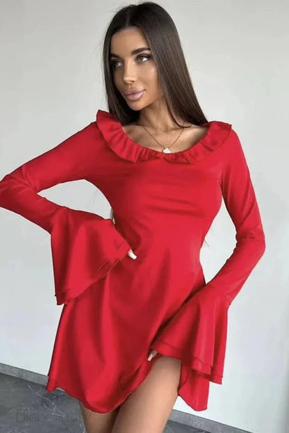 Slim Flare Sleeve Mini Dress Red / S