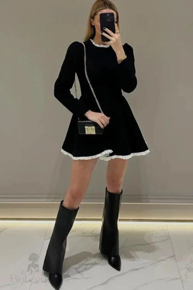 Slim Patchwork High Waist Lace Long Sleeve Mini Dress