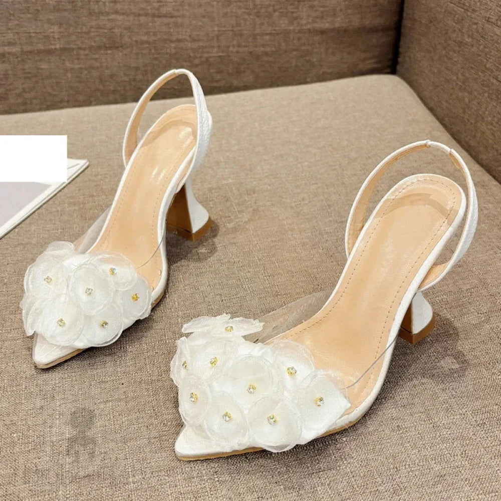 Slingback Pointed Toe Flower Pvc Transparent Women Pumps High Heels