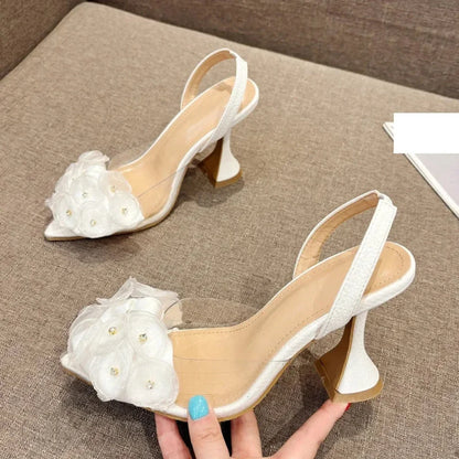 Slingback Pointed Toe Flower Pvc Transparent Women Pumps High Heels