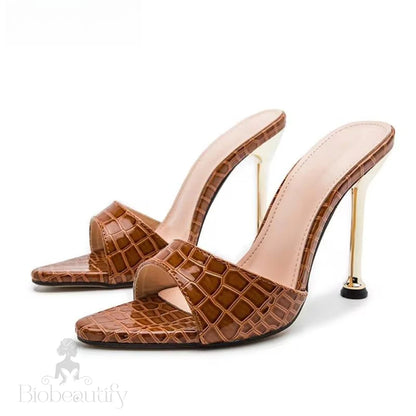 Snake Print Strappy Mule Thin High Heel Slippers Sandals For Women