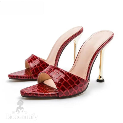 Snake Print Strappy Mule Thin High Heel Slippers Sandals For Women Red / 42