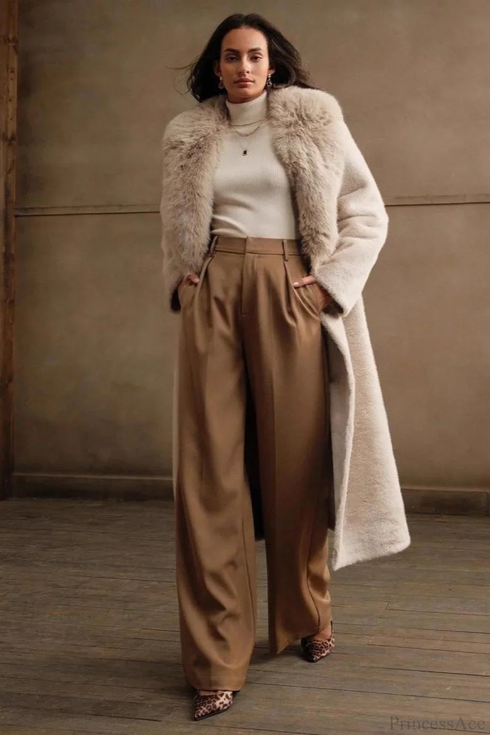 Solid Color Casual Furry Collar Faux Fur Overcoat