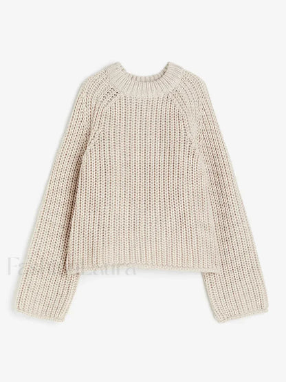 Solid Color Round Neck Loose Women’s Casual Long Sleeves Knitted Pullover Sweater Beige / S Sweaters L