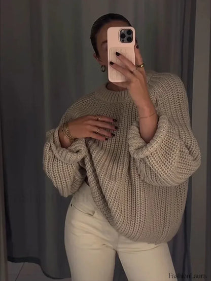 Solid Color Round Neck Loose Women’s Casual Long Sleeves Knitted Pullover Sweater Sweaters L