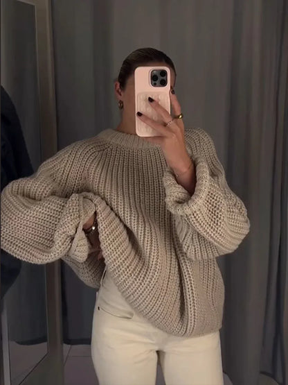 Solid Color Round Neck Loose Women’s Casual Long Sleeves Knitted Pullover Sweater Sweaters L