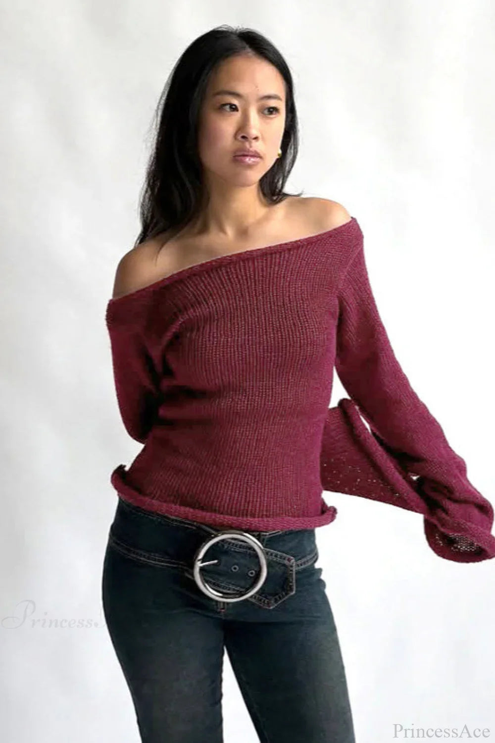 Solid Off Shoulder Rolled Edge Loose Knit Sweater