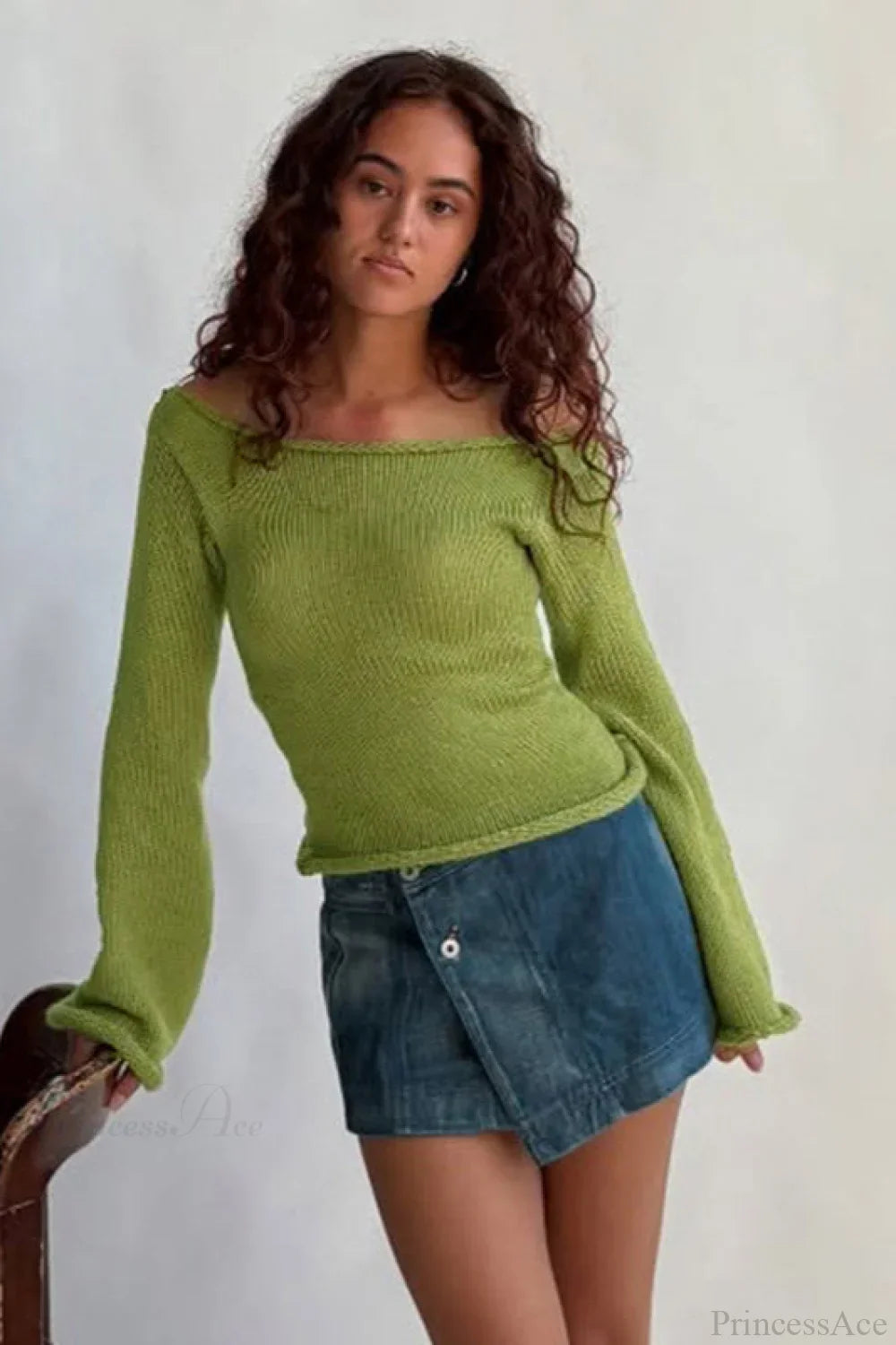 Solid Off Shoulder Rolled Edge Loose Knit Sweater