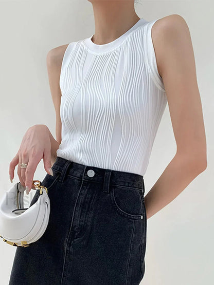 Solid Wavy Textured Tank Top White / XS Tank Tops & Camis