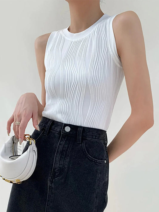 Solid Wavy Textured Tank Top White / XS Tank Tops & Camis