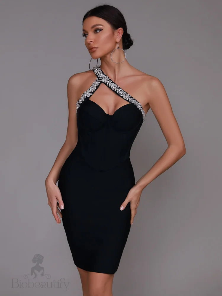 Sonia One Shoulder Rhinestone Bandage Dress - Detail