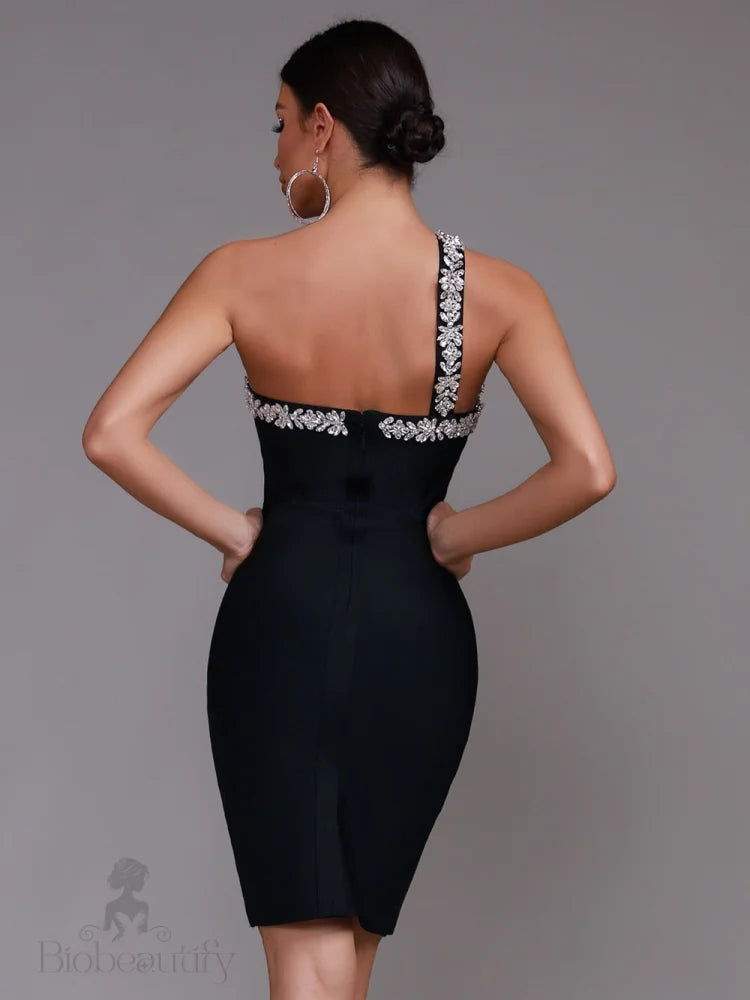 Sonia One Shoulder Rhinestone Bandage Dress - Detail