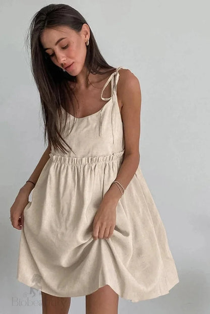 Spaghetti Strap Loose Mini Dress With Lace Up Detail