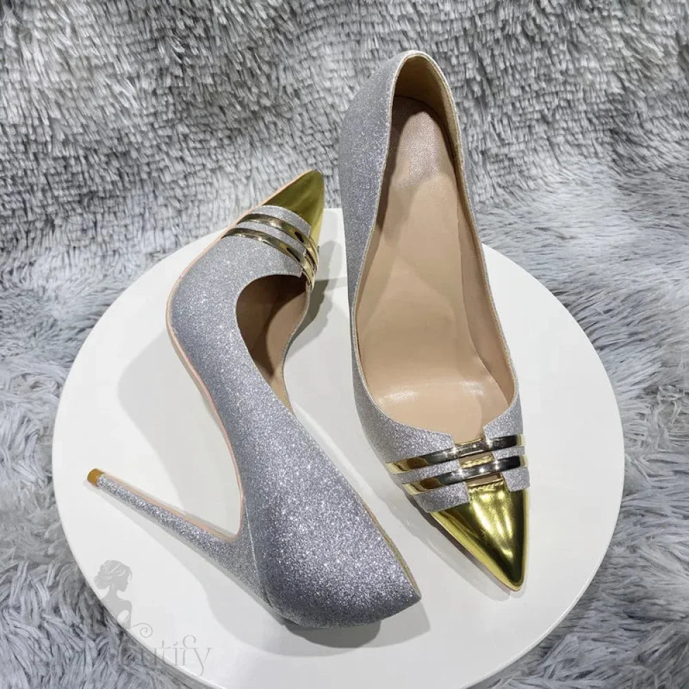 Sparkle Silver Sequins Slip On High Heel Shoes With Pointy Toe