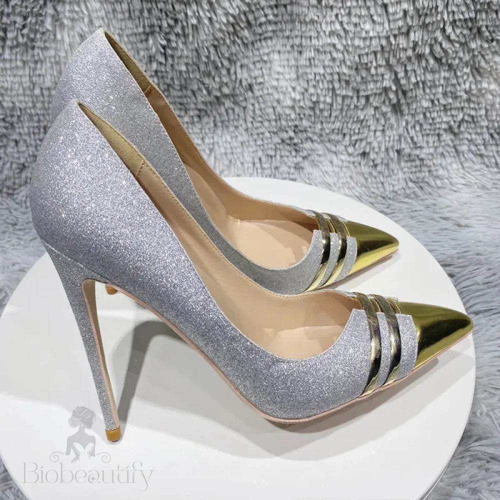 Sparkle Silver Sequins Slip On High Heel Shoes With Pointy Toe