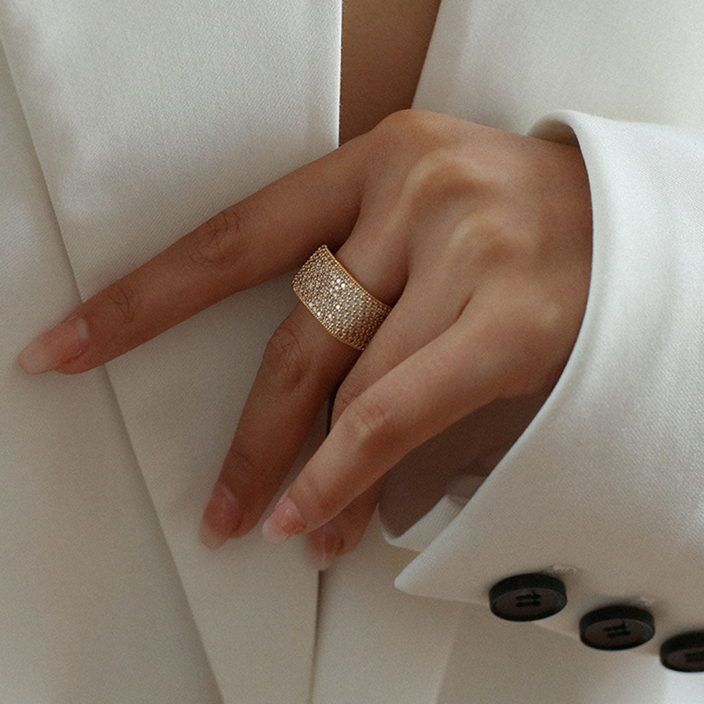 18K Gold Plated Cubic Zirconia Square Cigar Band Ring