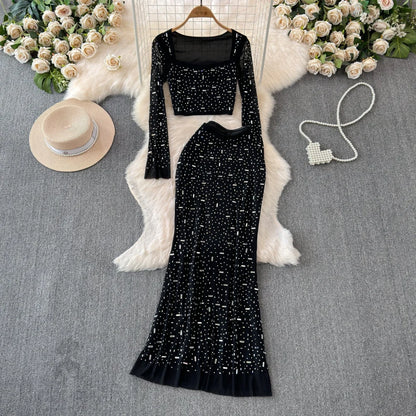 Sparkling Long-Sleeve Crop Top and Maxi Skirt Ensemble - Chiccharm