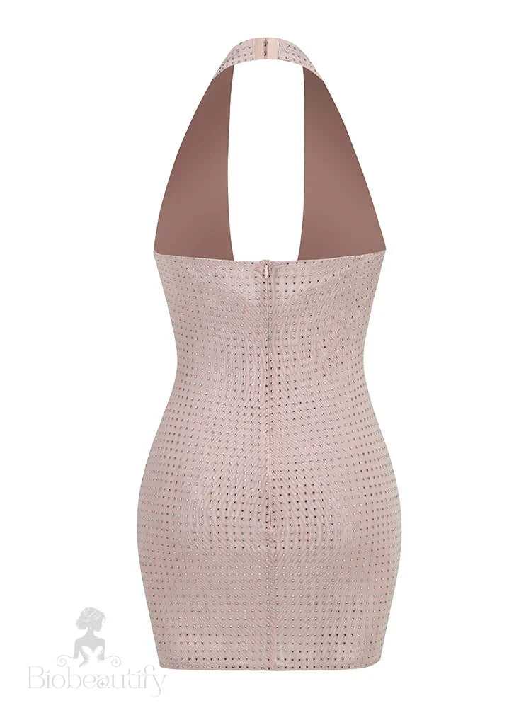 Sparkling Elegant Rhinestone Mesh Halter Backless Party Dress