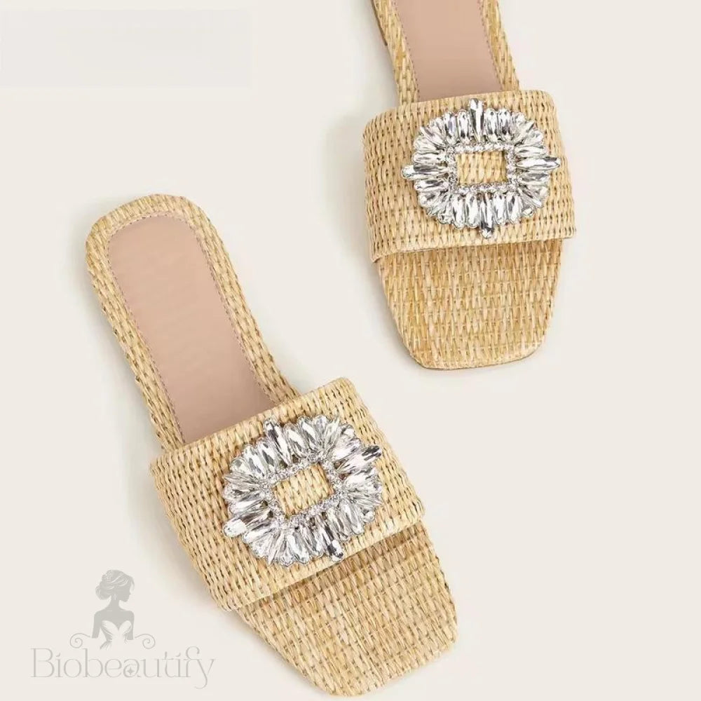 Sparkling Rhinestone Women’s Slippers With Flat Bottom And Crystal Sandals Apricot / 35