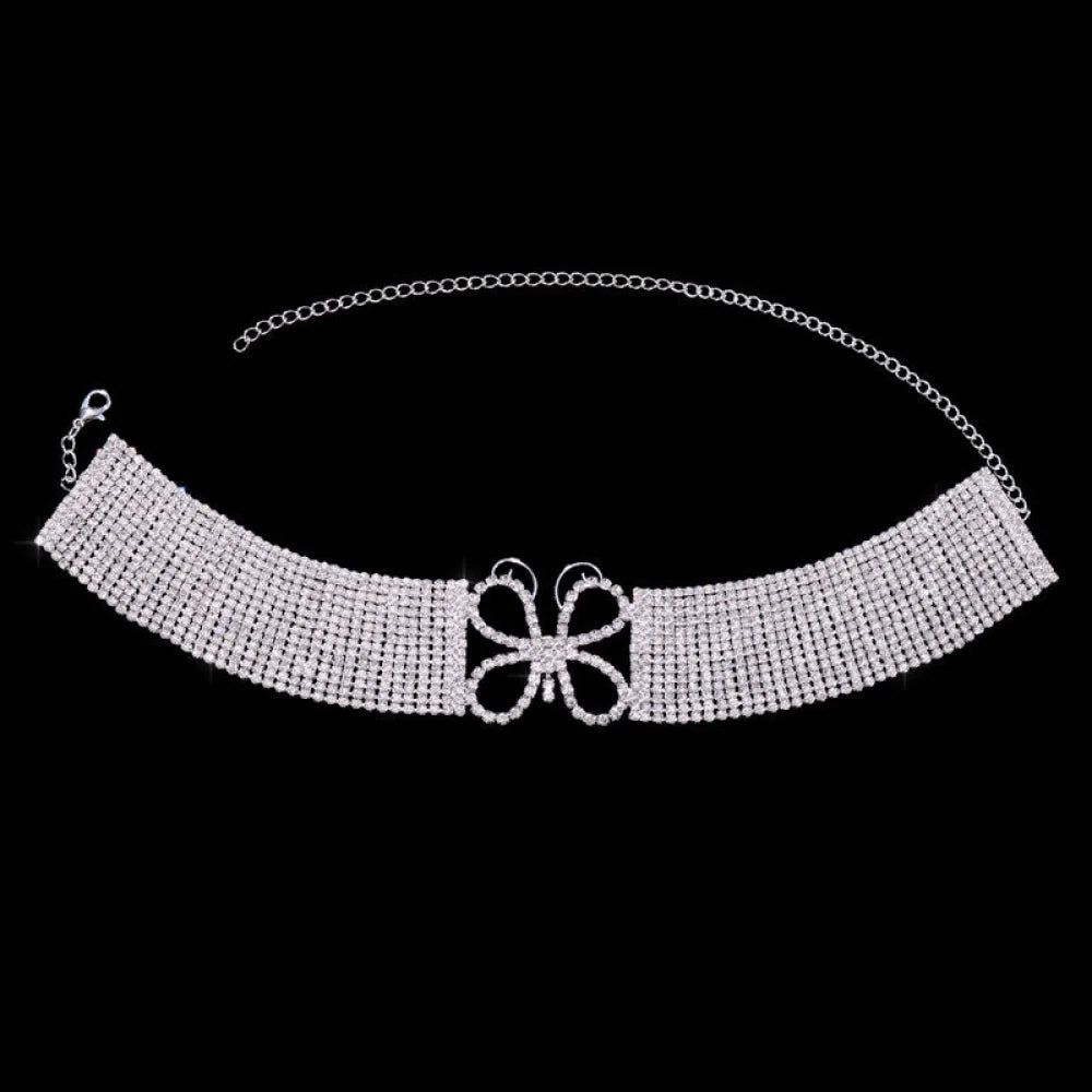 Sparkly Butterfly Crystal Choker Necklace - Silver One Size /