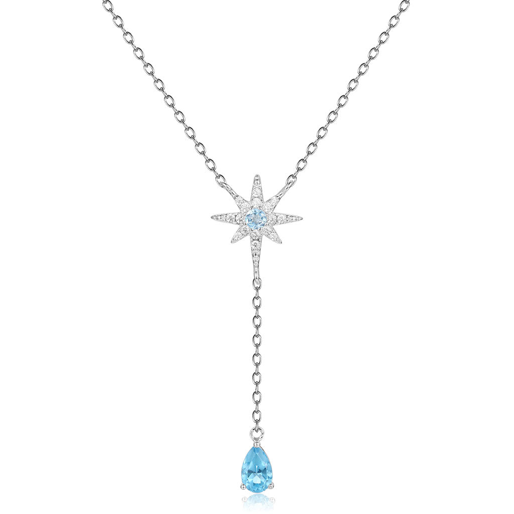 Sparkly Cubic Zirconia Star And Blue Topaz Heart Pendant Necklace / One Size