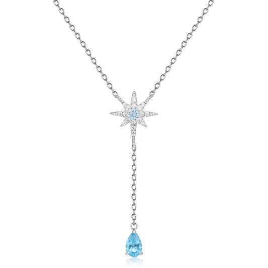 Sparkly Cubic Zirconia Star And Blue Topaz Heart Pendant Necklace / One Size