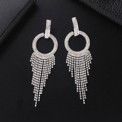 Sparkly Crystal Hoop Fringe Dangle Earrings - Silver