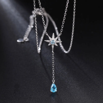 Sparkly Cubic Zirconia Star And Blue Topaz Heart Pendant Necklace