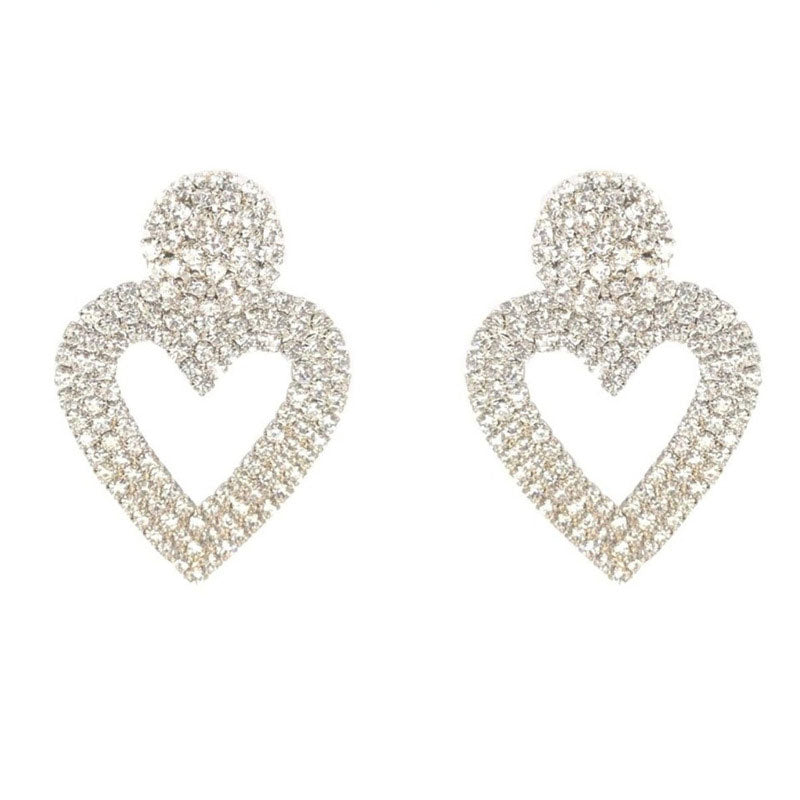 Heart Shape Drop Earrings With Sparkly Crystal Details - Silver One Size /