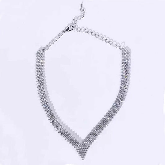 Sparkly V Shaped Rhinestone Collar Necklace - Silver One Size /