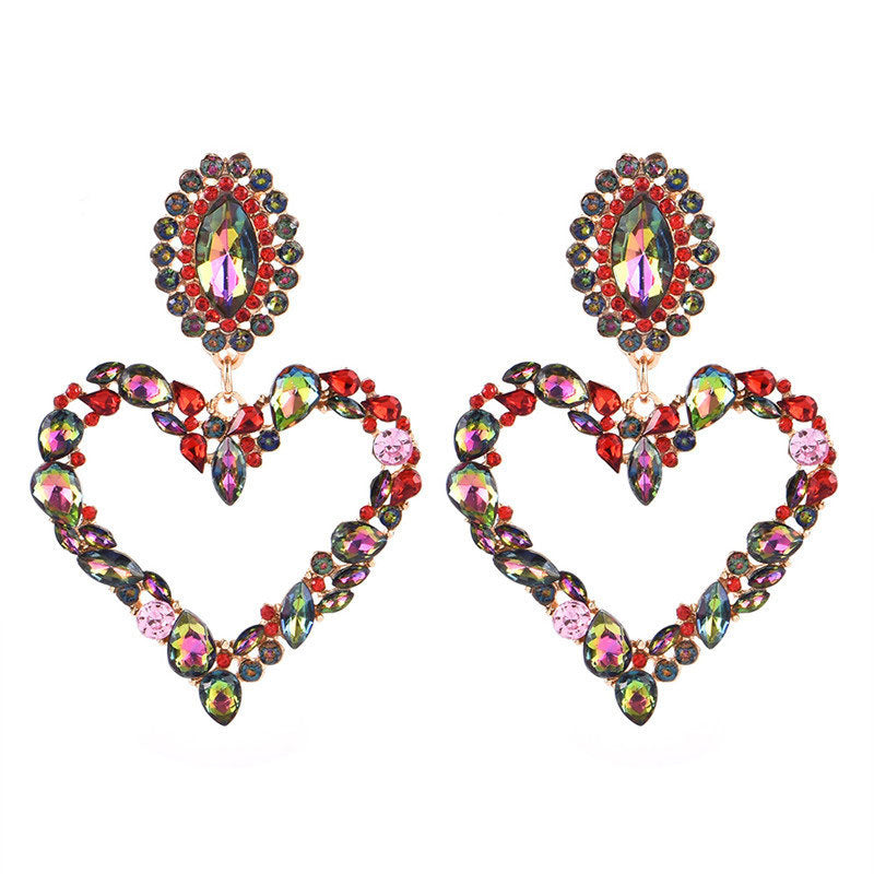 Rainbow Rhinestone Heart Drop Earrings One Size / Multicolor