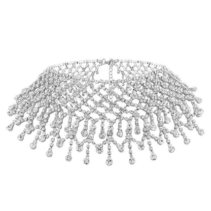 Rhinestone Chain Fringe Choker Necklace - Silver