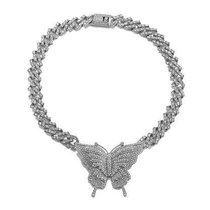 Butterfly Charm Statement Necklace With Sparkly Rhinestones - Silver