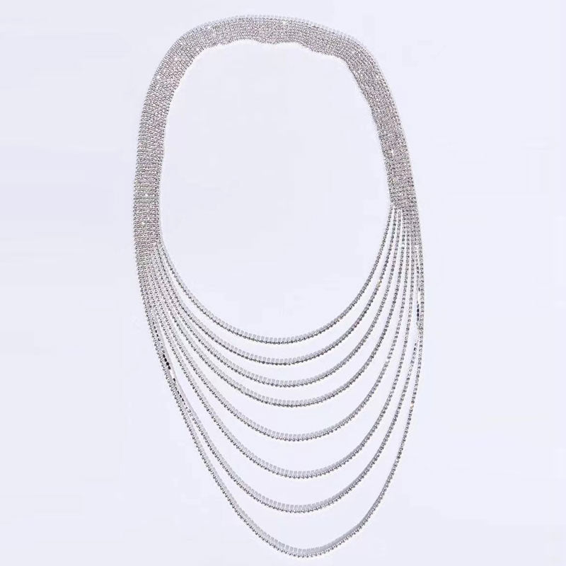Rhinestone Tassel Layered Backdrop Necklace - Silver One Size /