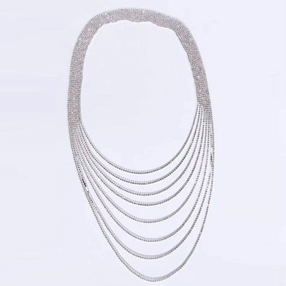 Rhinestone Tassel Layered Backdrop Necklace - Silver One Size /