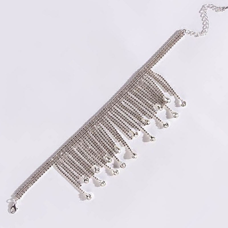 Rhinestone Waterfall Fringe Choker Necklace - Silver One Size /