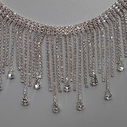 Rhinestone Waterfall Fringe Choker Necklace - Silver