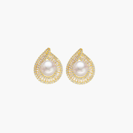 Rhinestone Trimmed Pearlized Stud Earrings - Gold One Size /