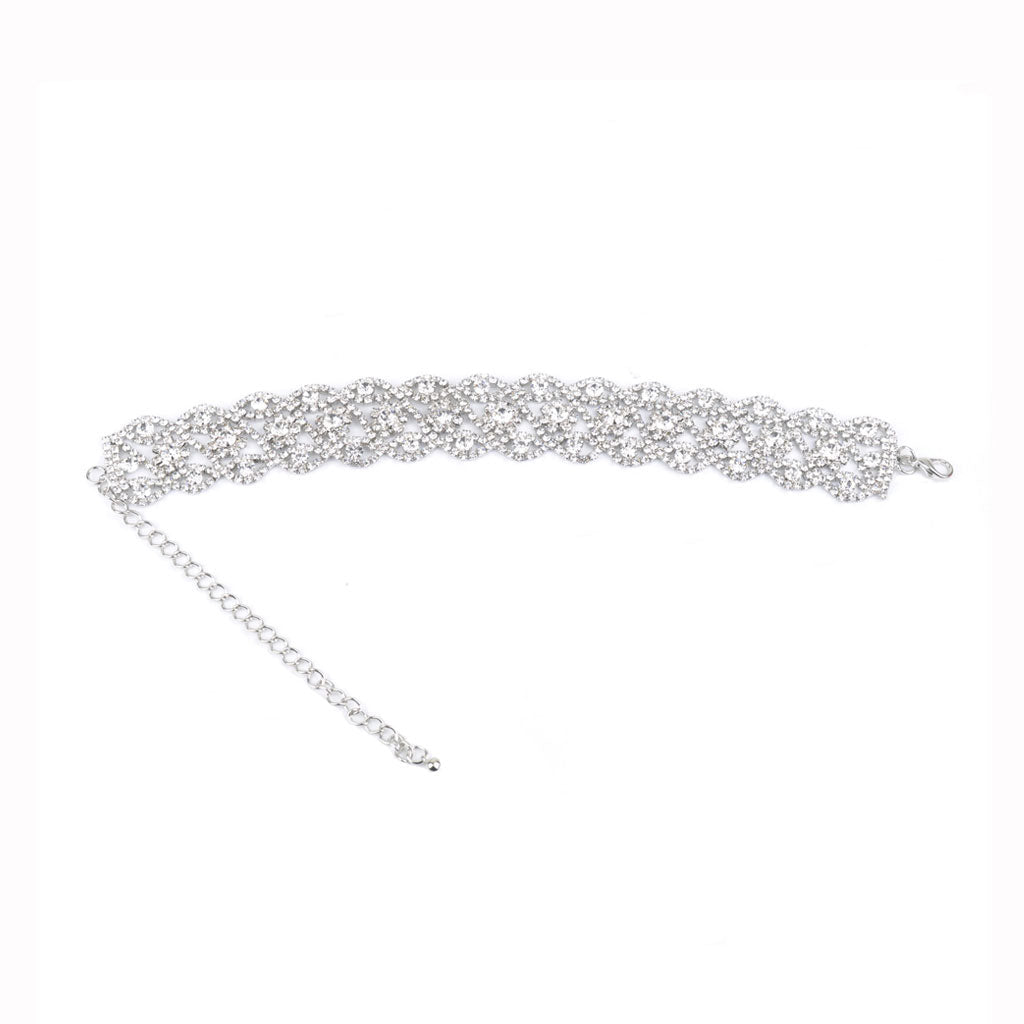 Rhinestone Scalloped Chain Choker Necklace - Silver