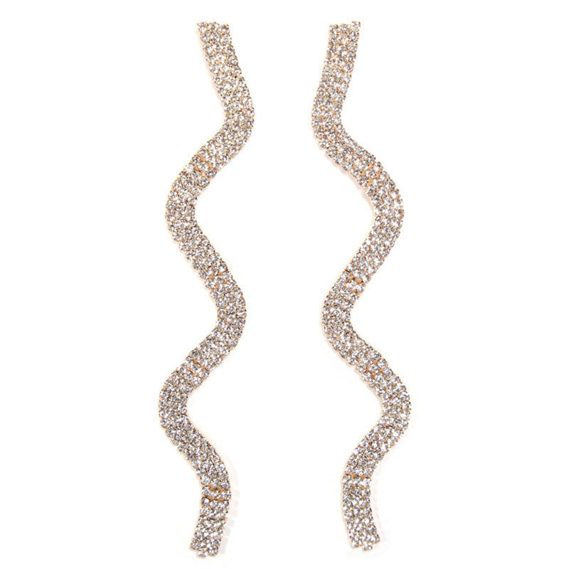 Silver Long Drop Earrings With Sparkly Wavy Rhinestone Embellishments One Size /
