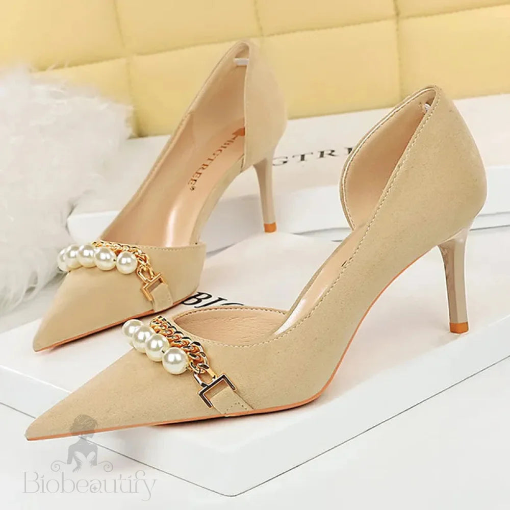 Spring Pearl Metal Chain High-Heels Checked Grain Stilettos Women