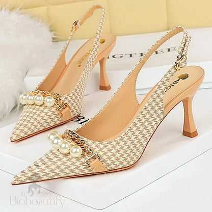 Spring Pearl Metal Chain High-Heels Checked Grain Stilettos Women