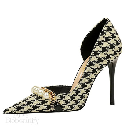 Spring Pearl Metal Chain High-Heels Checked Grain Stilettos Women