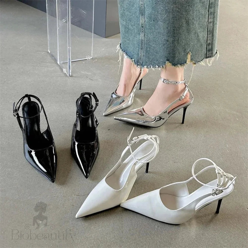 Spring Pointed Toe Women Pumps With Ankle Buckle Strap Stiletto Heels